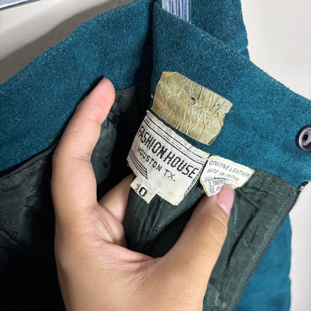 Fashion House Teal Suede Leather High Waist Mini Skirt Vintage Sz 10 - Picture 5 of 12